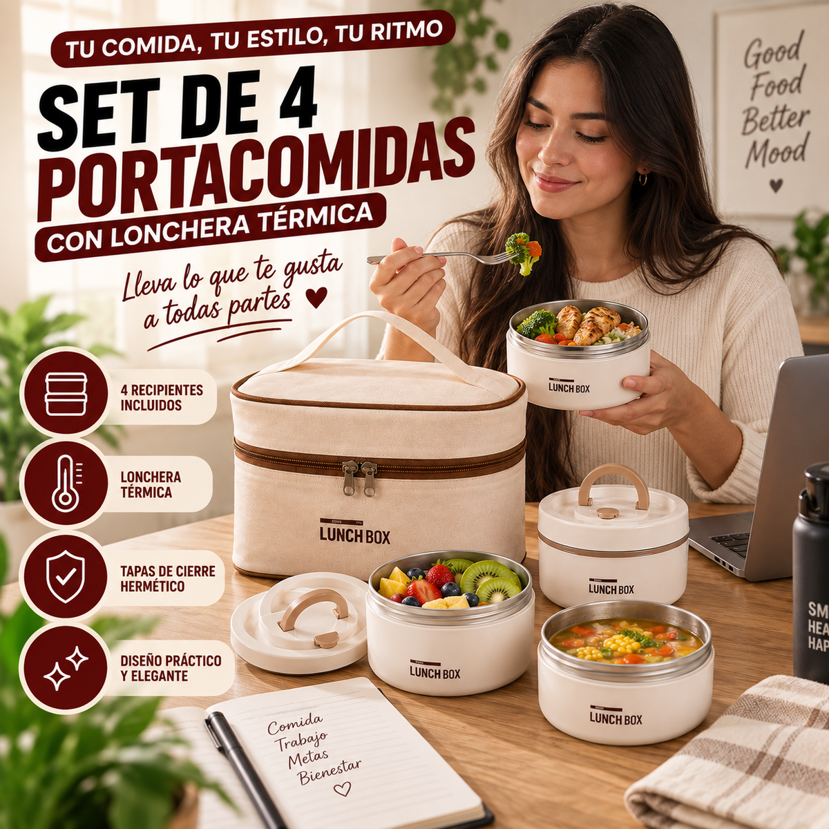 Set de 4 Portacomidas con Lonchera Térmica