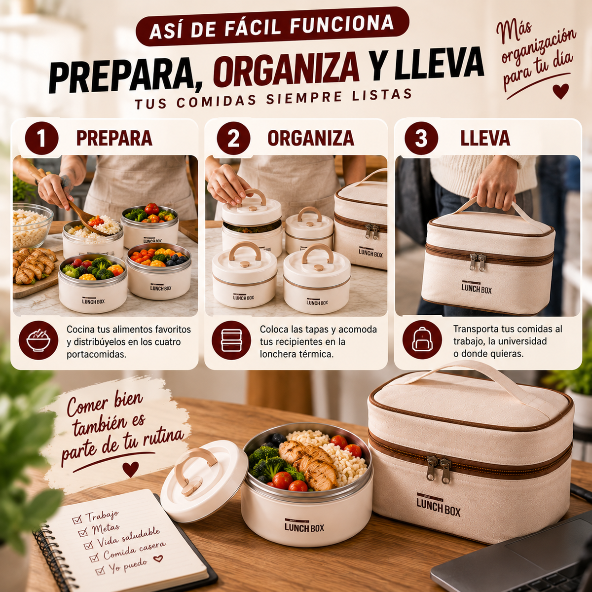 Set de 4 Portacomidas con Lonchera Térmica